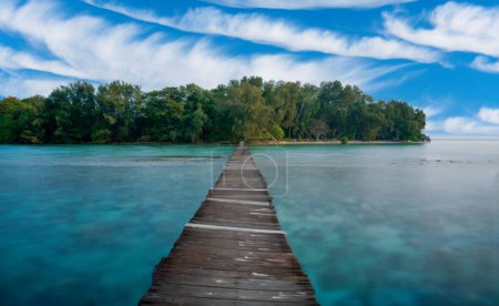 Serene coastal scene with a weathered wooden jetty extending into turquoise waters, framed by lush greenery under a dramatic, wispy clouded sky.
