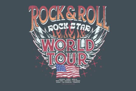 Rock and roll vintage print design. Guitar vector artwork for apparel, stickers, posters, background and others. Music forever artwork.. Eagle wing and fire design. America flag music poster design.
