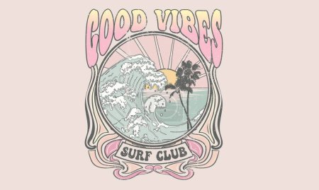 Illustration for Good vibe long beach. Sunshine beach club graphic print design for t shirt print, poster, sticker and other uses. California palm tree. Sunny day at the beach. Ocean wave. Palm tree print artwork. - Royalty Free Image