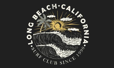 Illustration for California wave. Sunny day at the beach. Ocean wave. Palm tree retro print artwork. Long beach. Summer vibes. Surfing wave graphic print design for t shirt print, poster, sticker and other uses. - Royalty Free Image
