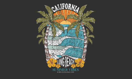 Illustration for Surfing wave graphic print design for t shirt print, poster, sticker and other uses. California palm tree. Sunny day at the beach. Ocean wave. Palm tree retro print artwork. Long beach. Summer vibes. - Royalty Free Image