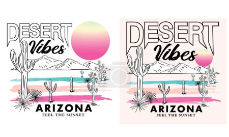 Téléchargez les illustrations : Arizona desert vibes t-shirt design. Desert montagne rétro illustration. - en licence libre de droit