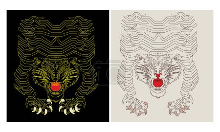 Tiger line drawing. Tiger face  graphic print design. Animal face artwork for posters, stickers, background and others. Wild cat illustration.