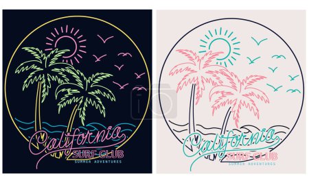 Illustration for Summer adventure. Palm tree vector t-shirt design. Beach vibes artwork for t shirt print, poster, sticker, background and other uses. California surf club artwork. Ocean wave drawing. - Royalty Free Image
