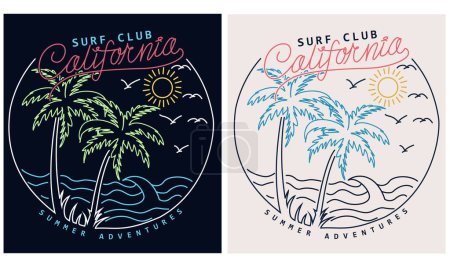 Illustration for Palm tree vector t-shirt design. Beach vibes artwork for t shirt print, poster, sticker, background and other uses. California surf club artwork. Ocean wave drawing. - Royalty Free Image