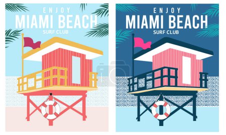 Illustration for Beach artwork for t shirt print, poster, sticker, background and other uses. Lifeguard tower with palm tree vector t-shirt design. - Royalty Free Image