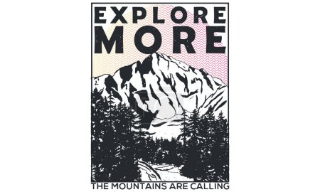Illustration for Explore more.Mountain adventure black and white print design for t shirt. Hill lake vector artwork design. - Royalty Free Image