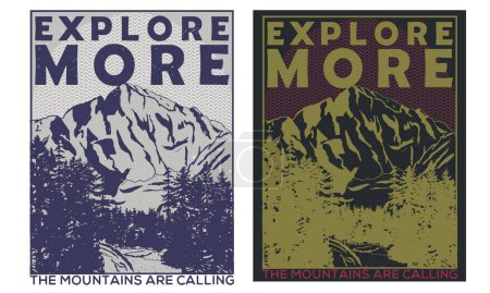Illustration for Mountain adventure black and white print design for t shirt. Mountain explore vector artwork. - Royalty Free Image