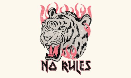 Illustration for Tiger Fire, No rules Vintage vector artwork for apparel and others. - Royalty Free Image