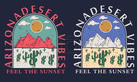 Téléchargez les illustrations : Arizona désert vibes Avec cactus jardin lever du soleil illustration pour vêtements et autres. - en licence libre de droit