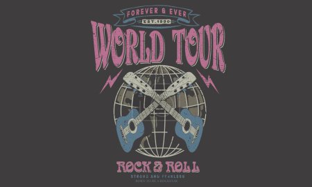 Plakatentwurf für das Gitarrenmusikfestival. Rock and Roll Vektor T-Shirt Design. Lebe für immer. Musik-Welttournee-Kunstwerk. Musik Slogan Logo Design. Weltkarte Vintage Design.