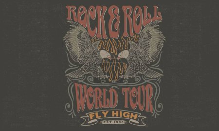 Eagle Rock 'n Roll. Rock and Roll Vektor T-Shirt Design. Lebe für immer. Musik-Welttournee-Kunstwerk. Wild und frei. Musik Slogan Logo Design. Vogel-Vintage-Design.