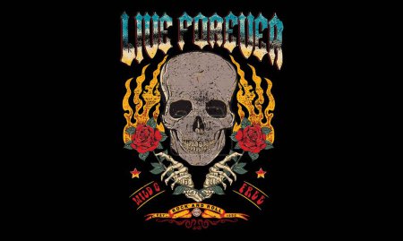 Skull fire graphic artwork. Rose with hand vintage art. Rock and roll vector t-shirt design. Live forever. Music world tour artwork. Wild and free. Music slogan logo design.