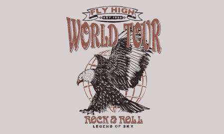 Musik-Welttournee-Kunstwerk. Wild und frei. Musik Slogan Logo Design. Bird vintage design. Eagle Rock 'n Roll. Rock and Roll Vektor T-Shirt Design. Lebe ewig.