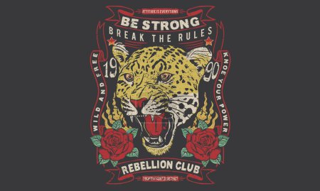 Ilustración de Wild rose. Wild and free. Stay strong. Leopard face artwork. Rock tour print. Rock and roll print design for t shirt and others. Vintage music poster. Animal world tour print design. Hungry wild cat. - Imagen libre de derechos