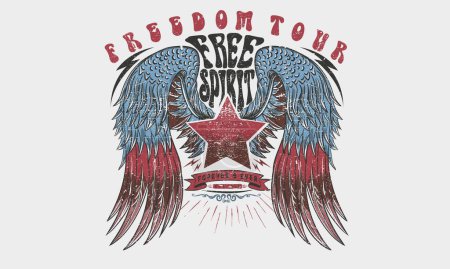 T-Shirt-Design mit Adlerflügel-Vektor. Freedom music tour. Freigeist-Vintage-Kunstwerk. America Eagle Rock and Roll Plakatentwurf. Kunstwerk zum Musikfestival.