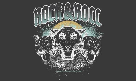 Illustration for Leopard face artwork. Rock tour print. Rock and roll print design for t shirt and others. Vintage music poster. Animal world tour print design. - Royalty Free Image