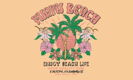 Illustration for Beach with tropical flower art. Palm tree vector sketch. Summer vibes graphic print design. - Royalty Free Image