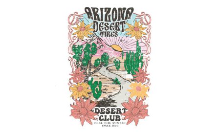 Téléchargez les illustrations : Arizona conception d'impression graphique aventure pour t-shirt. Desert vibes illustration. Cactus avec fleur. - en licence libre de droit