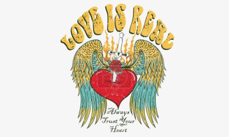 Love is real. Heart with knife artwork, Eagle wing vector t-shirt design. Freedom music tour. Free spirit vintage artwork. America eagle rock and roll poster design. Music festival artwork. Rose.