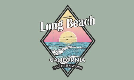 Illustration for Enjoy beach life. Sunny day at the beach. Ocean wave. Palm tree retro print artwork. Long beach. Summer vibes. Surfing wave graphic print design for t shirt print, poster, sticker and other uses. - Royalty Free Image