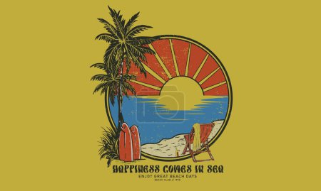 Illustration for Surfing board and chair. Sunny day at the beach. Ocean wave. Palm tree print artwork. Good vibe long beach. Sunshine beach club graphic print design for t shirt print, poster, sticker and other uses. - Royalty Free Image
