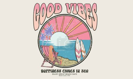 Illustration for Good vibe long beach. Sunshine beach club graphic print design for t shirt print, poster, sticker and other uses. Surfing board and chair. Sunny day at the beach. Ocean wave. Palm tree print artwork. - Royalty Free Image