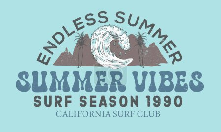 Illustration for Summer surf season. Ocean wave. Palm tree print artwork. Good vibe long beach. Sunshine beach club graphic print design for t shirt print, poster, sticker and other uses. Mountain adventure. - Royalty Free Image