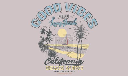 Illustration for Good vibe long beach. Sunshine beach club graphic print design for t shirt print, poster, sticker and other uses. California long beach. Sunny day at the beach. Ocean wave. Palm tree print artwork. - Royalty Free Image