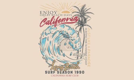 Illustration for Sunshine beach club graphic print design for t shirt print, poster, sticker and other uses. California long beach . Ocean wave. Palm tree print artwork. Good vibes. - Royalty Free Image