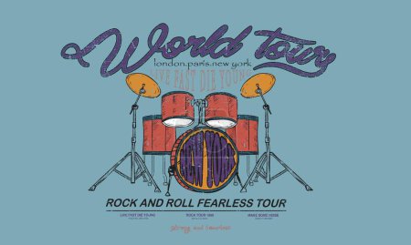 Music world tour. Drum vintage vector t shirt design. Rock and roll with wing logo artwork for apparel and others. Music drum poster design.