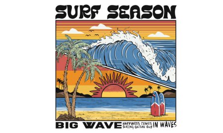 Illustration for Surfing culture club print design. Sunshine tropical beach artwork. Palm beach vibes artwork. Big wave print design for t shirt print, sticker, background and other uses. Happiness comes in wave. - Royalty Free Image