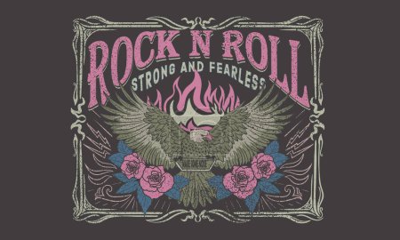 Strong and fearless. Rose flower. Eagle rock and roll. Music festival poster. Music world tour artwork. Wild and free. Rock and roll vector t-shirt design. Fire with eagle artwork.