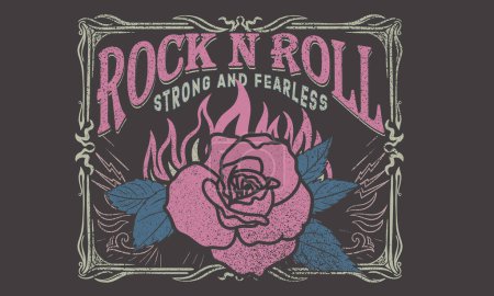 Illustration for Rock and roll vector t-shirt design. Fire with Flower artwork. Strong and fearless. Rose flower. Music world tour artwork. - Royalty Free Image
