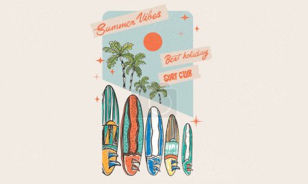 Téléchargez les illustrations : Surfing board. Summer abstract art. Sunshine paradise graphic print design. Tropical vibes design  for fashion and others. summer slogan t-shirt. Surf club design. Best holiday. Summer session. - en licence libre de droit