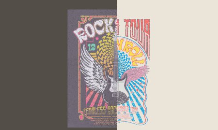 Obra de arte vintage estrella de rock. Diseño de póster de música águila. Ala de pájaro con flores de rosa obras de arte vintage para ropa, pegatinas, carteles, fondo y otros. Arte de gira mundial de rock. 