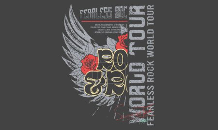 Vogelflügel mit Rosenblüten Vintage-Kunstwerk für T-Shirt und andere. Rockwelttour-Kunstwerk. Rockstar Vintage-Kunstwerk. Design von Adlermusik-Plakaten.