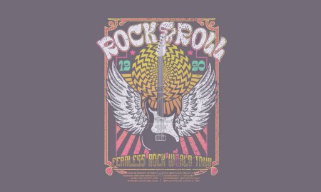Rockstar Vintage-Kunstwerk. Adlermusik-Plakatgestaltung. Vogelflügel mit Gitarre Vintage Artwork für Bekleidung, Aufkleber, Poster, Hintergrund und andere. Kunstwerk für Rock-Welttournee.