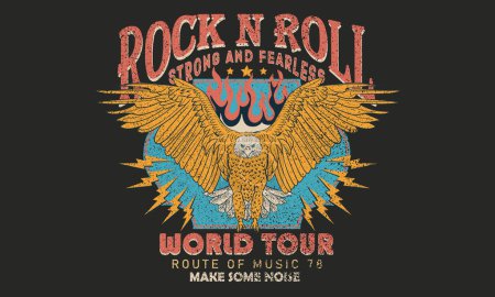 Diseño de estampado rock and roll para camiseta. Águila volar obras de arte. Música gira mundial de diseño.