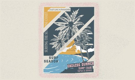 Surf club print design for t shirt print, poster, sticker, background, men, women and others. Summer vibes print design. Sunshine tropical beach artwork. Palm beach vibes artwork.