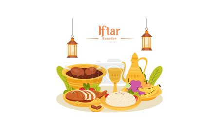 Ramadán Kareem con deliciosa Iftar comida en ayunas Ilustración