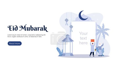 Frohes Eid Mubarak oder Ramadan-Gruß mit Menschencharakter. Islamic Design Template für Banner, Landing Page oder Poster.