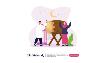 Happy People Character Celebrating Eid Mubarak or Ramadan Greeting Concept Illustration.
