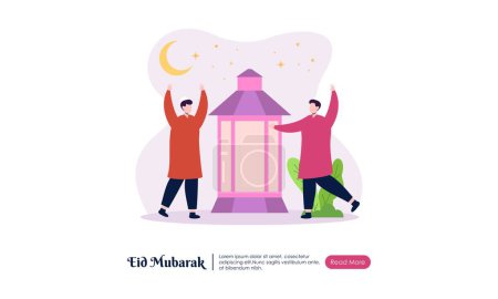 Happy People Character Celebrating Eid Mubarak or Ramadan Greeting Concept Illustration.