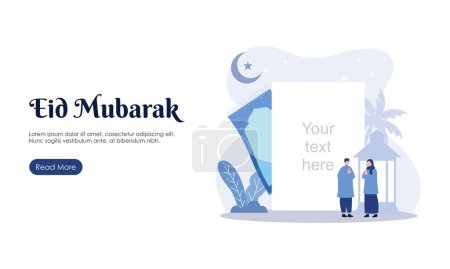Happy Eid Mubarak or Ramadan Greeting with People Character Illustration. Islamic Design Template for Banner, Landing Page or Poster.