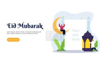 Illustration for Happy Eid Mubarak or Ramadan Greeting with People Character Illustration. Islamic Design Template for Banner, Landing Page or Poster. - Royalty Free Image