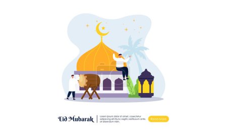 Personaje Gente Feliz Celebrando Eid Mubarak o Ramadán Concepto de Saludo Ilustración.