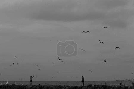 Foto de Personas en silueta en la playa junto al mar con puesta de sol. Cartagena Colombia. - Imagen libre de derechos