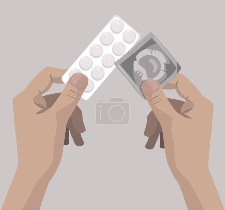 Illustration vectorielle des contraceptifs. Préservatifs et pilules.