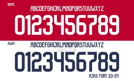 Ilustración de Font vector team 2023 - 24 kit sport style font. fuente estilo fútbol con líneas y puntos dentro. Ajax fuente. letras de estilo deportivo y números para el equipo de fútbol. Liga holandesa - Imagen libre de derechos